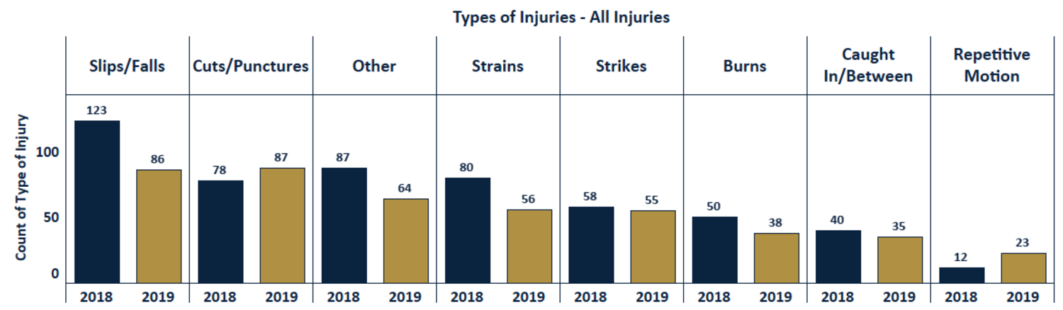Chart compares injuries from 2018 to 2019, from slips and falls being the highest to cuts or punctures, burns, caught in between, and the lowest being repetitive motion. Most injuries are lower for 2019.