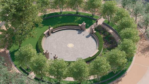An artist's rendering of a circular monument from above, surrounded by trees.