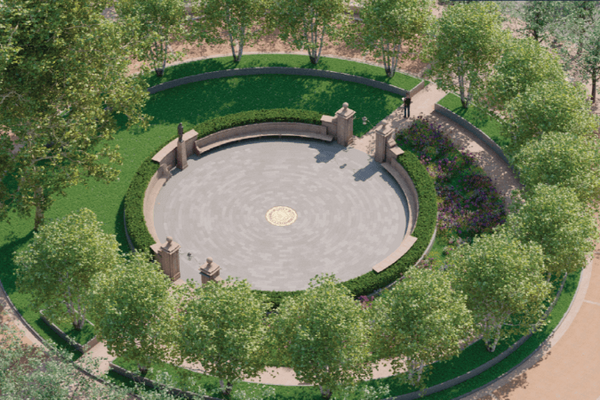 An artist's rendering of a circular monument from above, surrounded by trees.